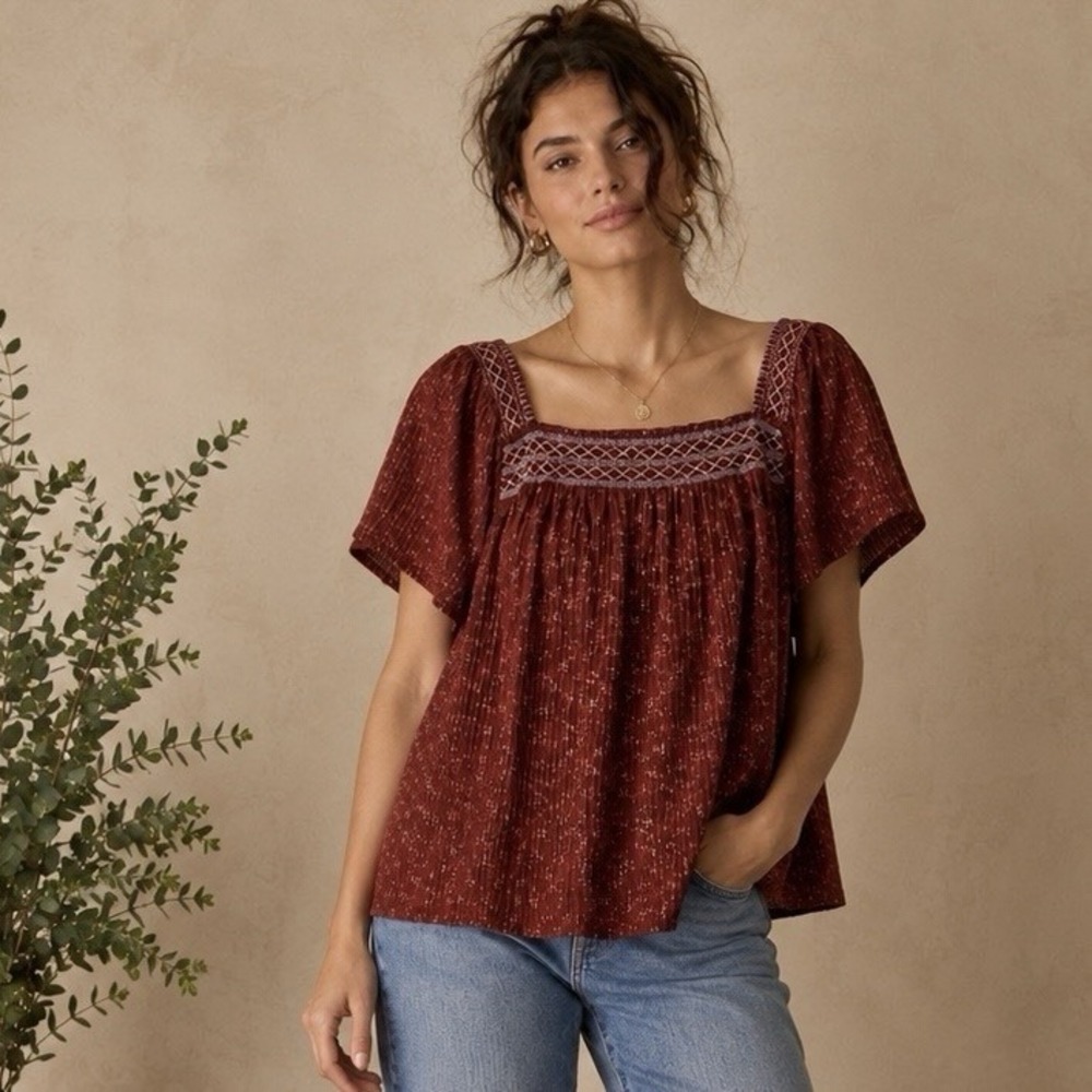 Madewell XXL Brick Red Embroidered Peasant Blouse Floral Boho Square Neck Top